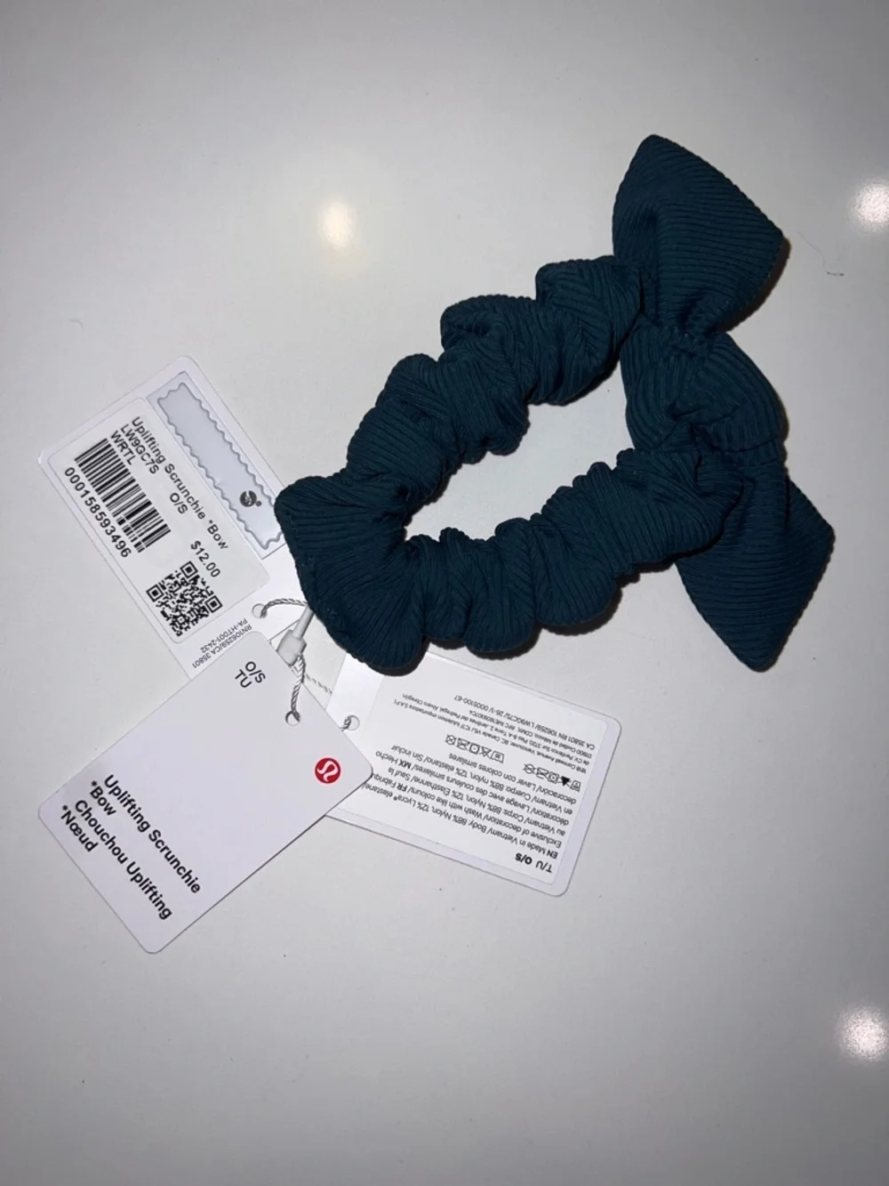 NWT Lululemon Uplifting Bow Scrunchie Teal Ribbed Hair Tie Blue Green